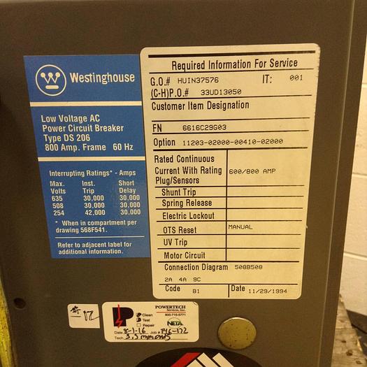 Used WESTINGHOUSE Low Voltage AC Power Circuit Breaker DS-206 Used