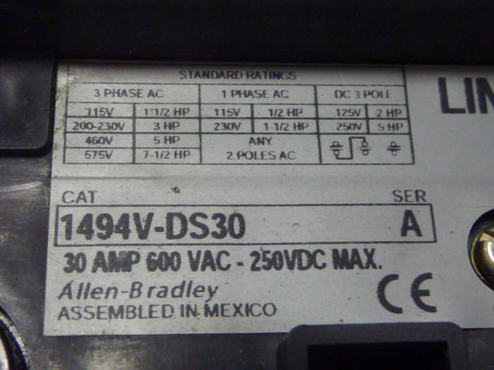 Used ALLEN BRADLEY 30 Amp Disconnect Switch 1494V-DS30 SER A #57393