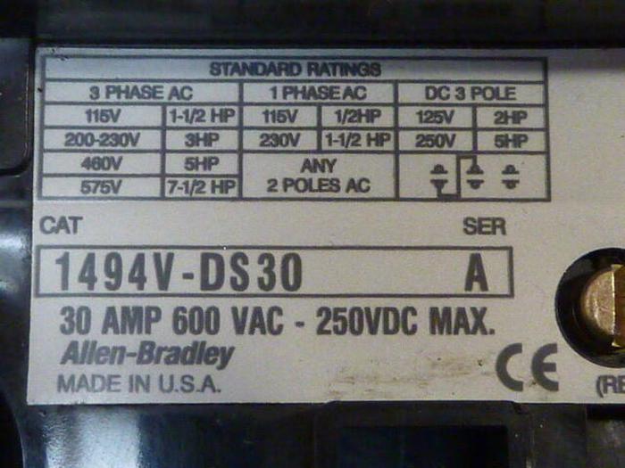Used ALLEN BRADLEY 30 Amp Disconnect Switch 1494V-DS30 SER A #29759