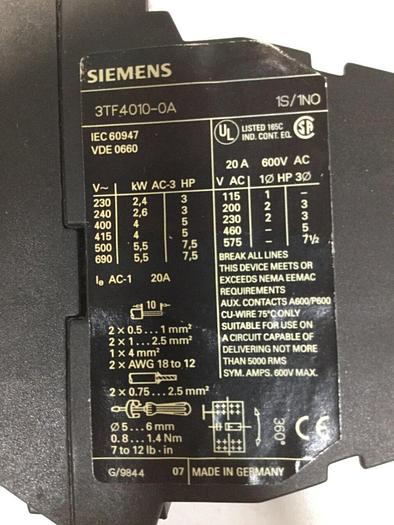 Used SIEMENS Contactor 3TF4010-0A #103540