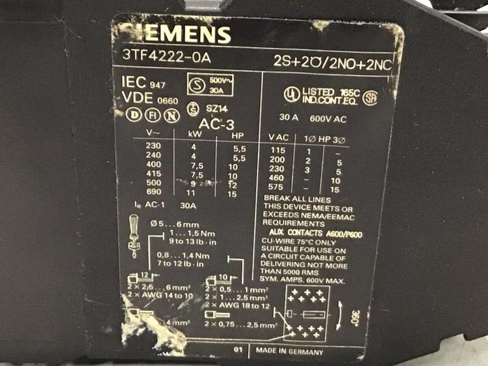 Used SIEMENS Contactor 3TF4222-OA #123152