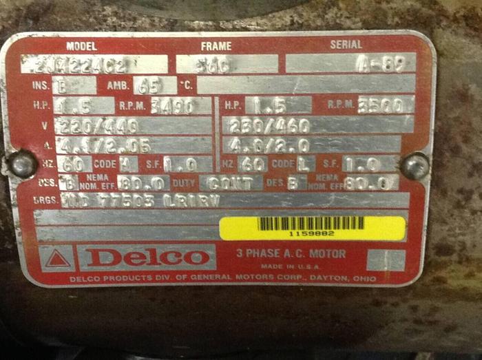 Used DELCO 1.5 HP AC Motor w/ Coolant Pump 2J4224C2 #74956