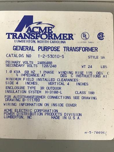 Used ACME TRANSFORMER 1 kVA Transformer T-2-53010-S USED #142518