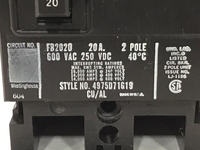 Used WESTINGHOUSE 20 Amp Circuit Breaker FB2020 Used #119746