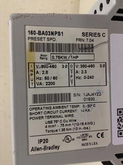 Used ALLEN BRADLEY Speed Controller 160-BA03NPS1 SER C #70368