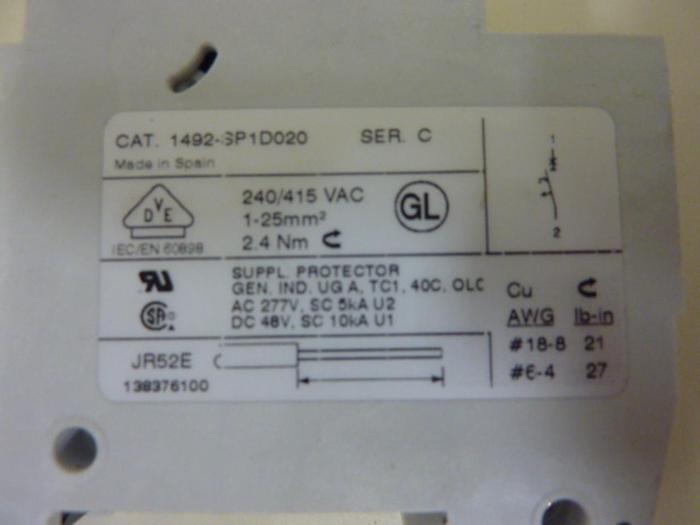 Used ALLEN BRADLEY 2 Amp Circuit Breaker 1492-SP1D020 SER C #55555