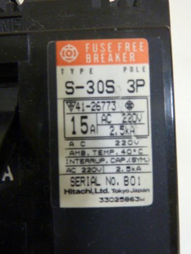 Used HITACHI 15 Amp Circuit Breaker S-30S-3P-15A #60801