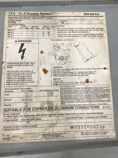 Used SIEMENS 60 Amp Buss Plug RV462 #137256