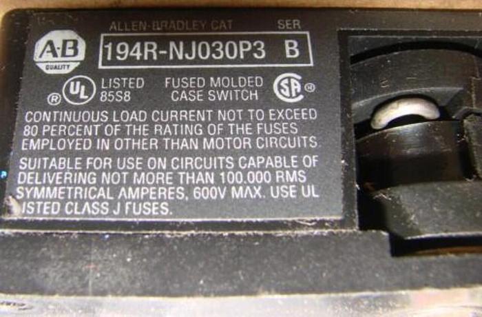 Used ALLEN BRADLEY 30 Amp Disconnect Switch 194R-NJ030P3 SER B #21263