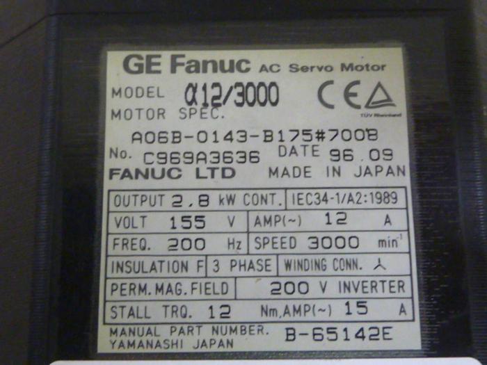 Used GE FANUC 3.75 HP AC Servo Motor A06B-0143-B175 Used