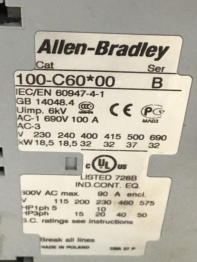 Used ALLEN BRADLEY Contactor 100-C60.00 SER B USED