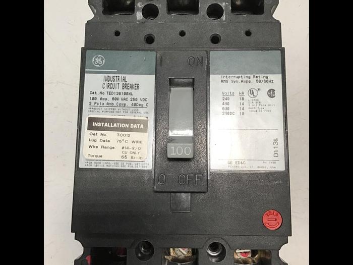 Used GE 100 Amp Circuit Breaker TED136100XL / DISCONNECT Used