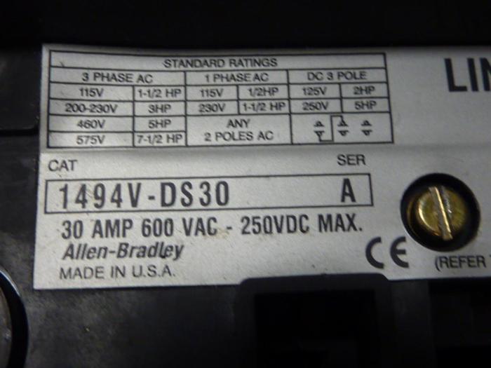 Used ALLEN BRADLEY 30 Amp Disconnect Switch 1494V-DS30 SER A #57401