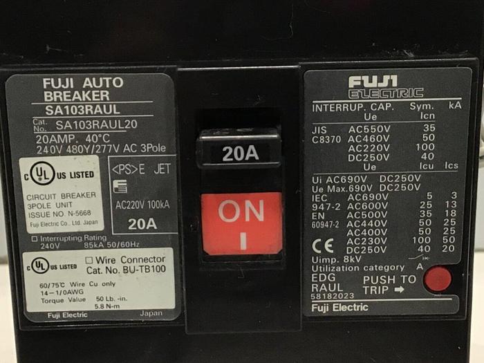 Used FUJI ELECTRIC 20 Amp Circuit Breaker SA103RAUL20 #124175