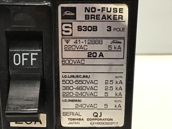 Used TOSHIBA 20 Amp Circuit Breaker S30B-3P-20A #119778