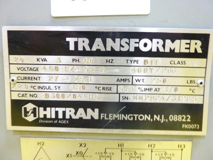 Used HITRAN 20 kVA Transformer D3002044H6 #45347