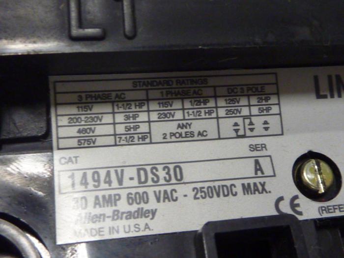 Used ALLEN BRADLEY 30 Amp Disconnect Switch 1494V-DS30 SER A #57399