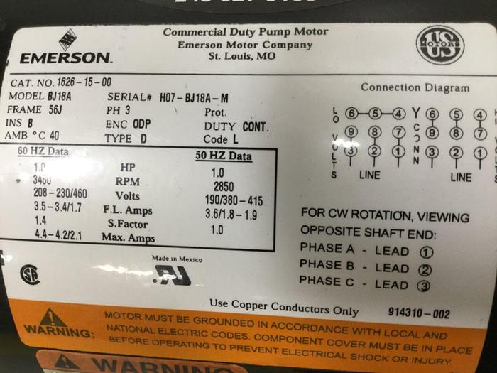 Used EMERSON 1 HP Motor w/ Pump BJ18A #104922
