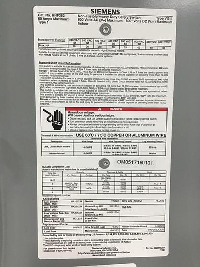 Used SIEMENS Heavy Duty Safety Disconnect Switch HNF362 #130005