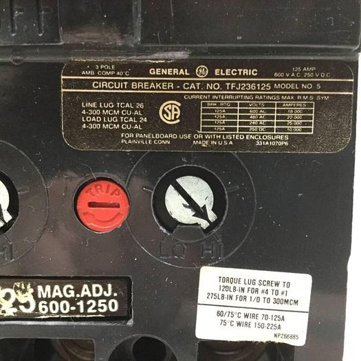Used GENERAL ELECTRIC / GE 125 Amp Circuit Breaker TFJ236125 Used