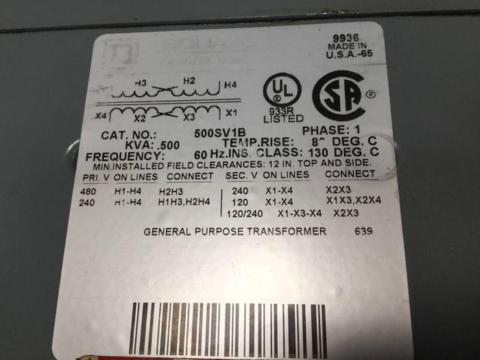 Used SQUARE D 0.500 kVA Dry Type Transformer 500SV1B #91389