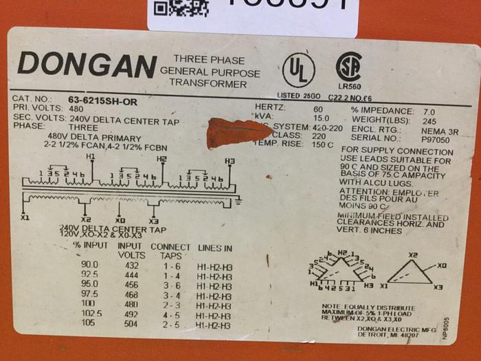 Used DONGAN 15 kVA Transformer 63-6215SH-OR Used