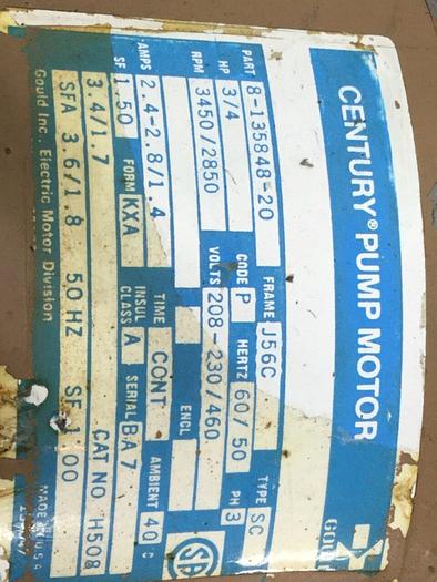 Used GOULD 3/4 HP Century Pump Motor 8-135848-20 #107465