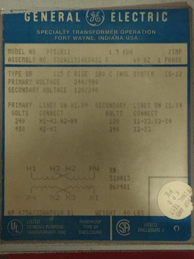 Used GENERAL ELECTRIC 1.5 kVA Transformer 9T51B11 #102941