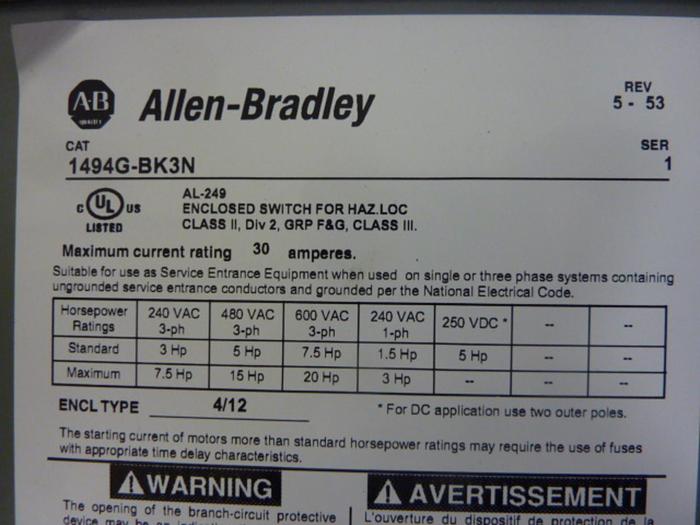 Used ALLEN BRADLEY Disconnect Switch 1494G-BK3N SER 1 #51882