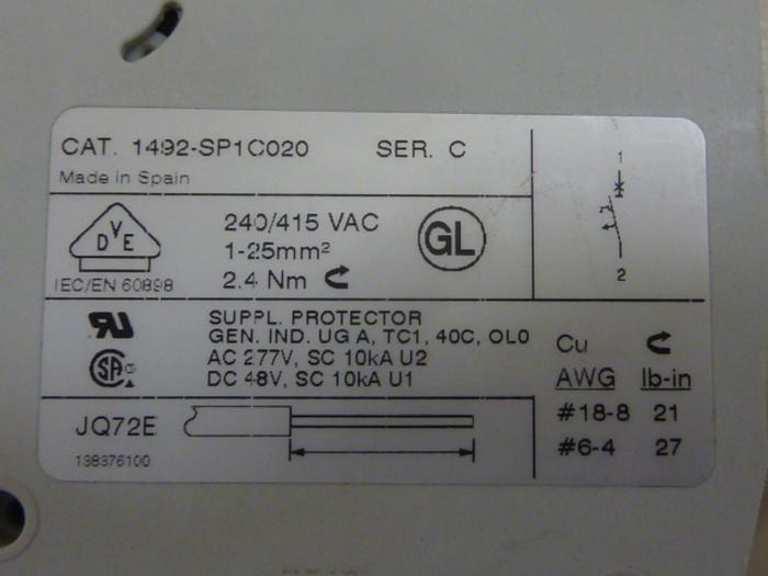 Used ALLEN BRADLEY 2 Amp Circuit Breaker 1492-SP1C020 SER C #103971