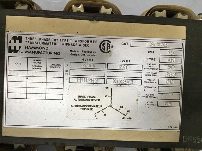 Used HAMMOND 15 kVA Transformer 137562 #139190