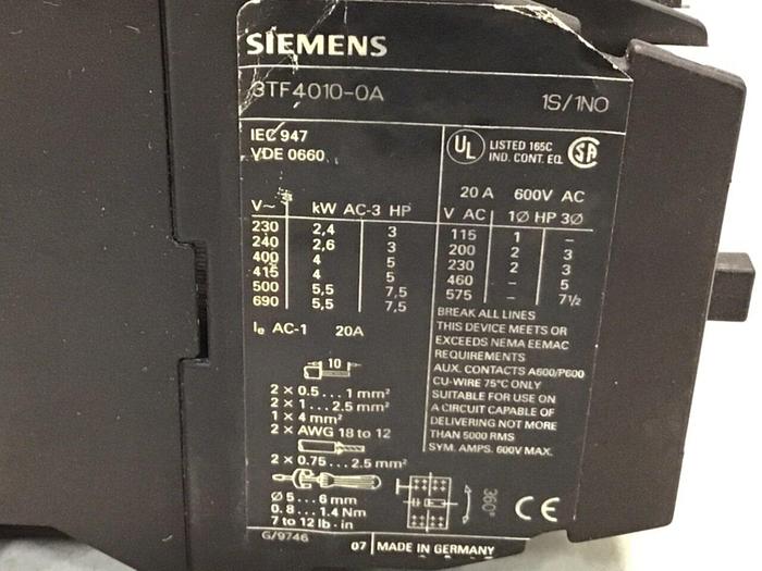 Used SIEMENS Contactor 3TF4010-0A #123992