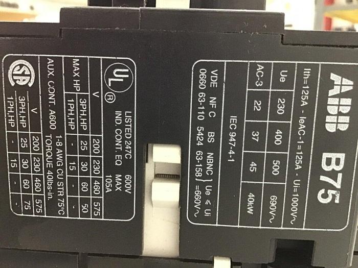 Used ALLEN BRADLEY Contactor B75-30-22 #141408