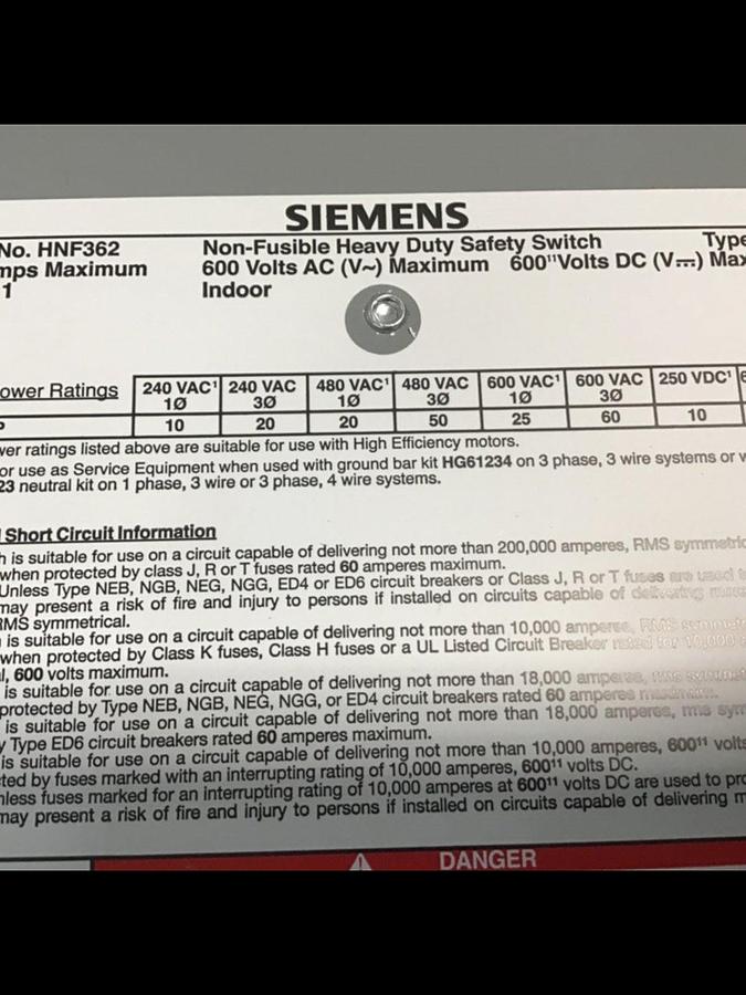 Used SIEMENS Heavy Duty Safety Disconnect Switch HNF362 USED