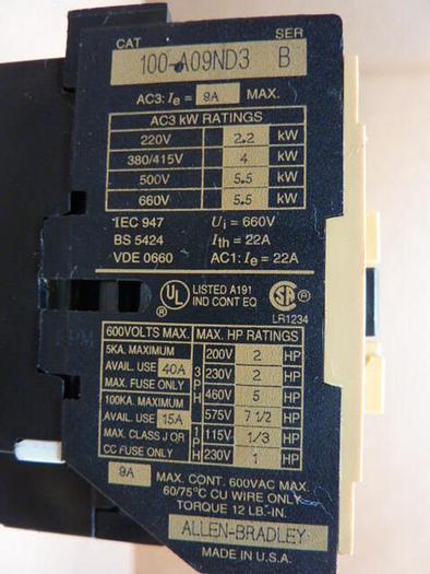 Used ALLEN BRADLEY Contactor 100-A09ND3 SER B #36707