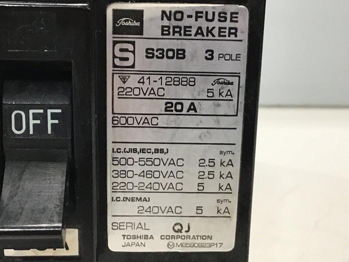 Used TOSHIBA 20 Amp Circuit Breaker S30B-3P-20A #119776
