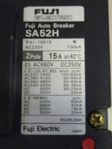 Used FUJI ELECTRIC 15 Amp Circuit Breaker SA52H-15 #46831