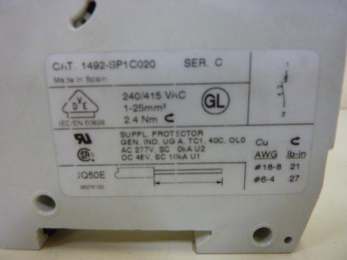 Used ALLEN BRADLEY 2 Amp Circuit Breaker 1492-SP1C020 SER C #56418