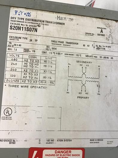 Used CUTLER HAMMER 7.5 kVA Transformer S20N11S07N #124078