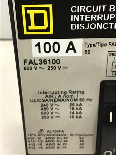 Used SQUARE D 100 Amp Circuit Breaker FAL36100 #145125