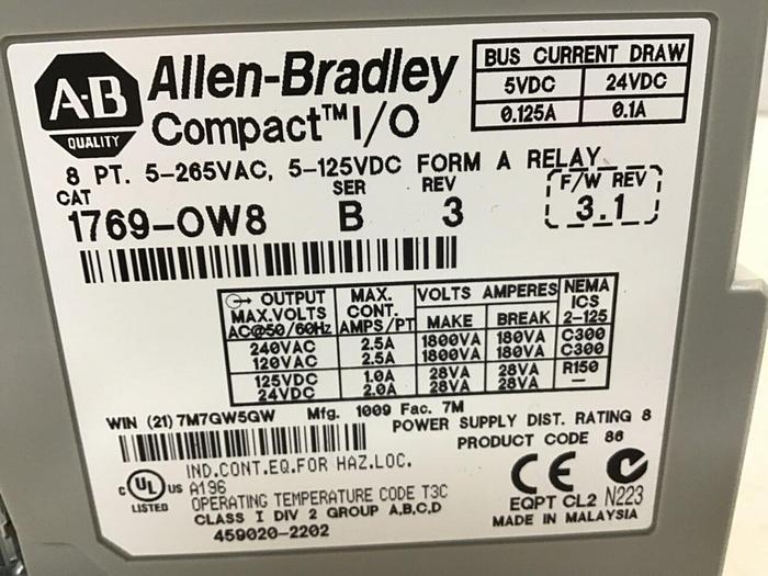 Used ALLEN BRADLEY Compact I/O Output Module 1769-OW8 SER B #140271