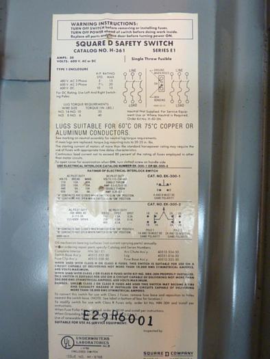 Used SQUARE D 30 Amp Safety Disconnect Switch H361 E1 Used