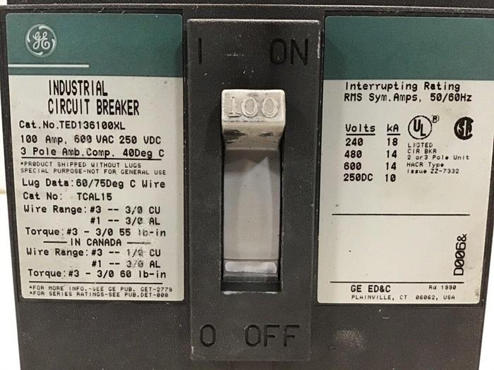 Used GE 100 Amp Circuit Breaker TED136100XL / DISCONNECT Used