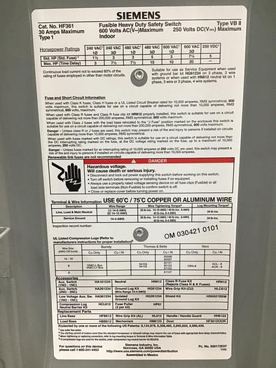 Used SIEMENS 30 Amp Disconnect Switch HF361 #114817