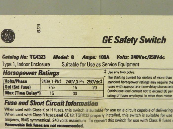 Used GENERAL ELECTRIC / GE 100 Amp Safety Disconnect Switch TG4323 #43080