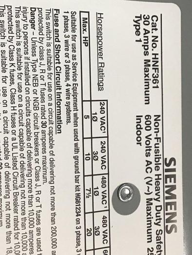 Used SIEMENS 30 Amp Safety Disconnect Switch HNF361 VBII #137843