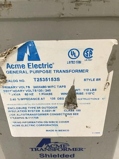 Used ACME ELECTRIC 7.5 kVA Transformer T2535153S #136065