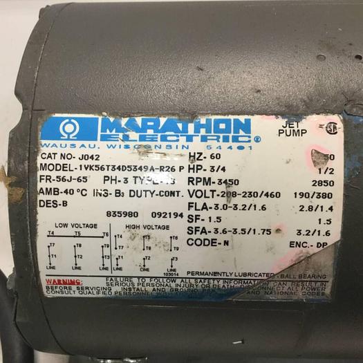 Used MARATHON 3/4 HP Motor 1VK56T34D5349A-R26P #97283