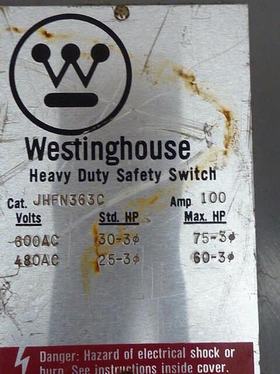 Used WESTINGHOUSE 100 Amp Safety Disconnect Switch JHFN363C #28324