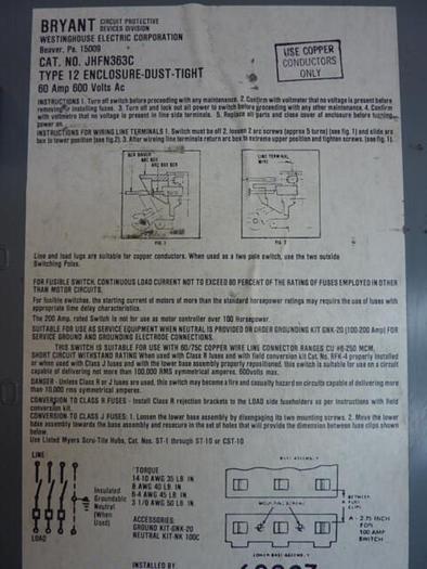Used WESTINGHOUSE 100 Amp Safety Disconnect Switch JHFN363C #28324